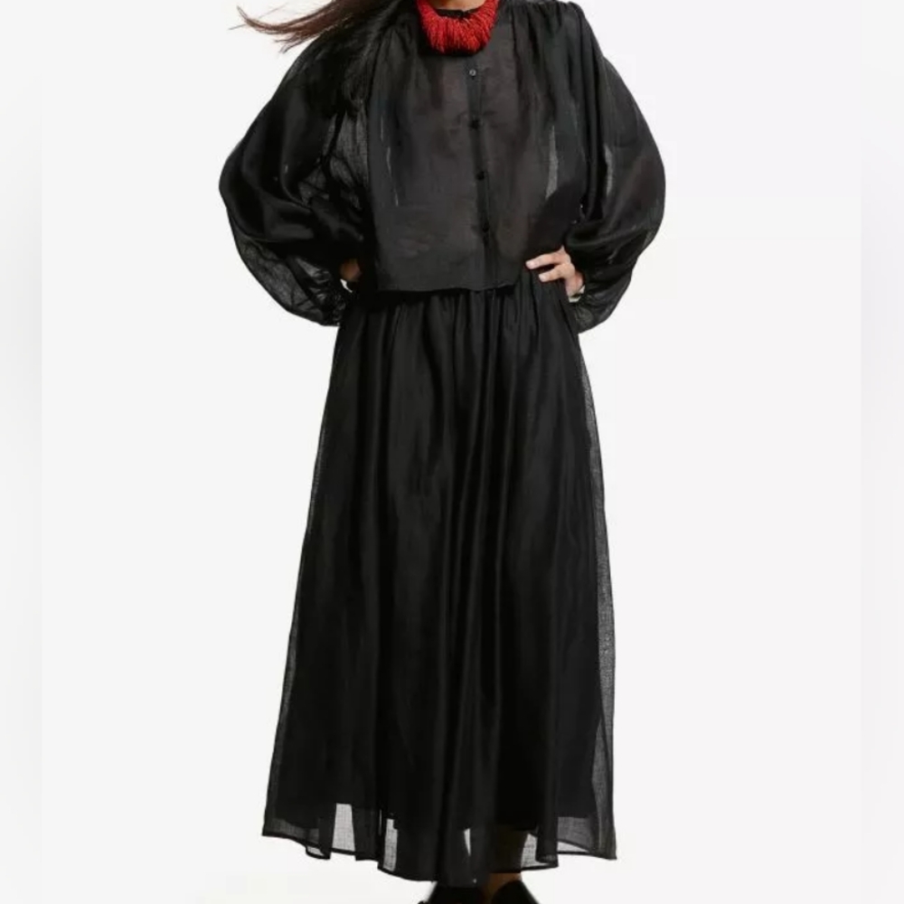 H&M Set Studio Collection ramie Ballon Sleeves Blouse S + maxi skirt full 6 Blac